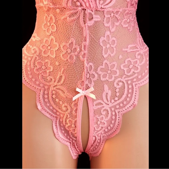 Light Pink & Floral Lace, Crotchless, Lingerie Bodysuit - Picture 5 of 10